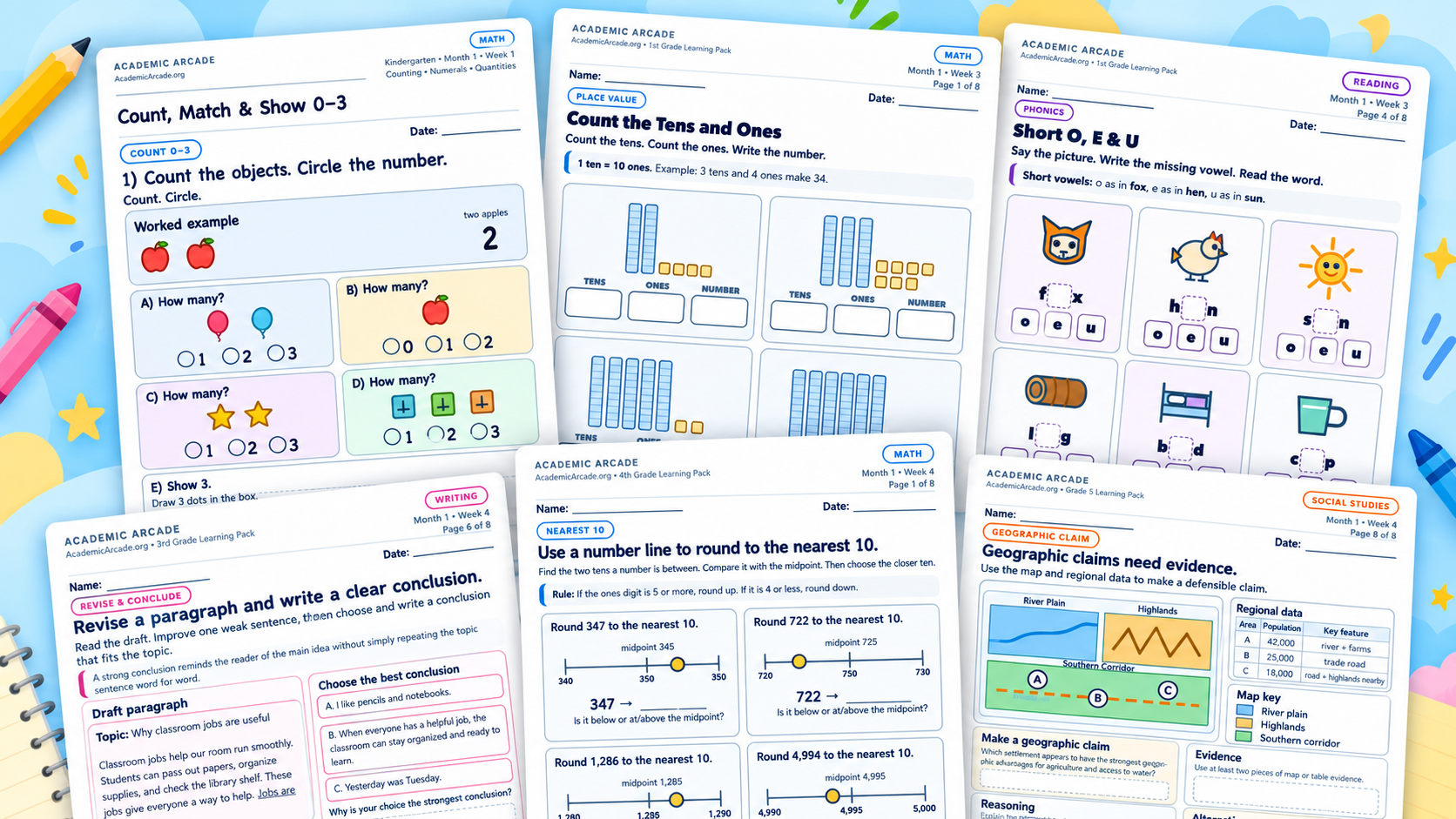 Collage of Academic Arcade printable learning pack pages for PreK through 5th Grade