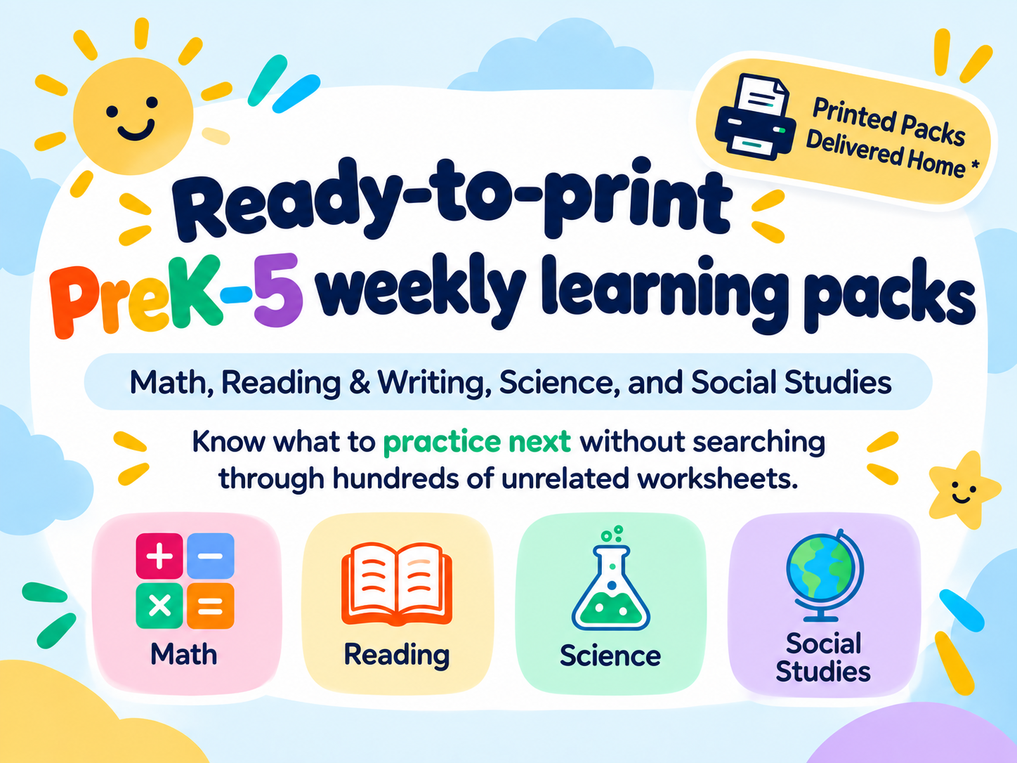 Ready-to-print PreK–5 learning packs for Math, Reading and Writing, Science, and Social Studies