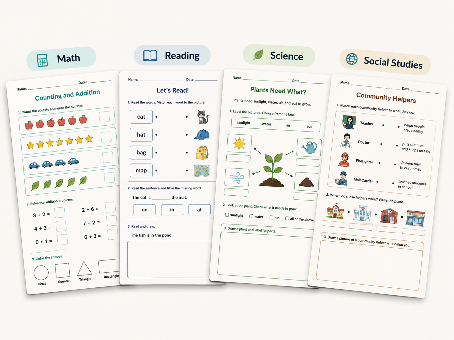 Printable math, reading, science, and social studies worksheets