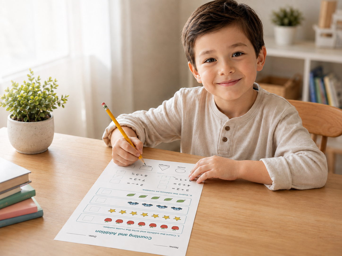 Student completing a printable counting and addition worksheet