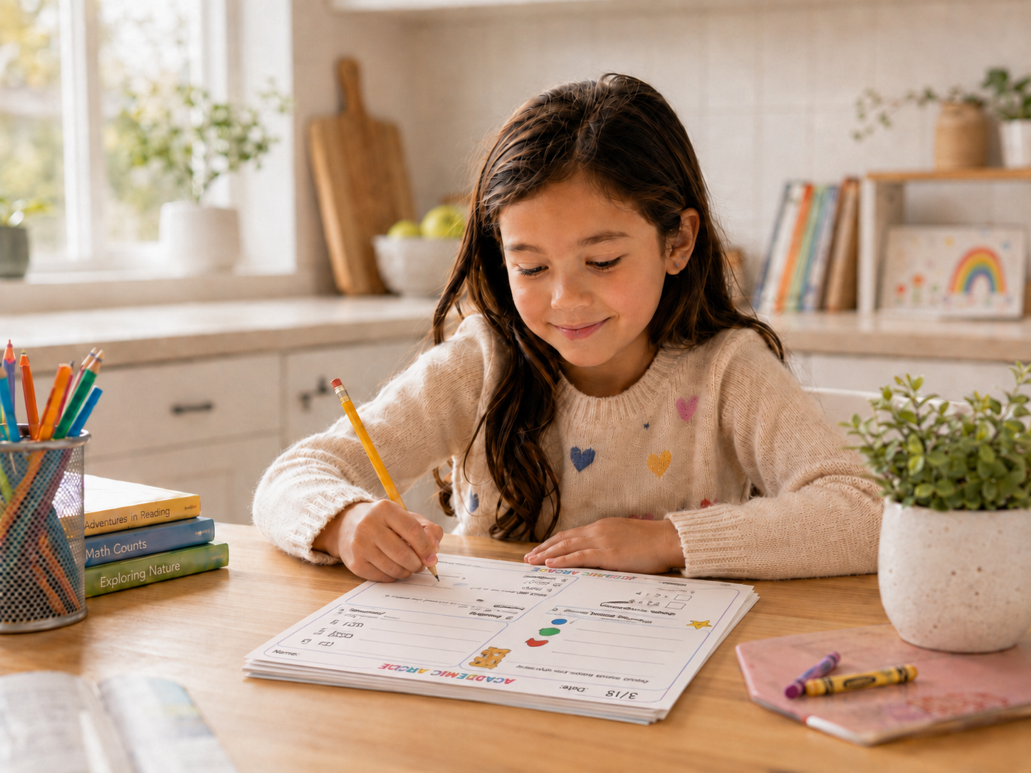 Student writing in a workbook at home