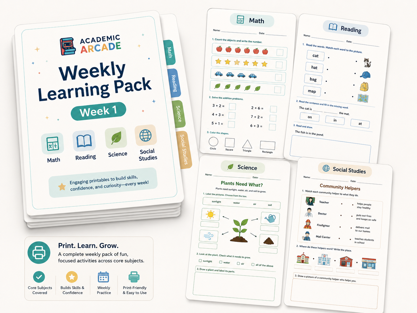 Academic Arcade weekly learning pack and printable worksheets